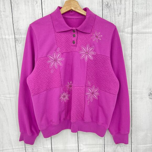 American VINTAGE LARGE 80s Pink Purple Floral Beaded Quilted Polo Sweater - Picture 1 of 7
